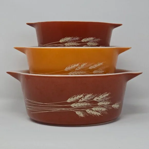 Vintage Pyrex Autumn Harvest Wheat Casserole Set 473-B 474-B 475-B - Picture 2 of 14